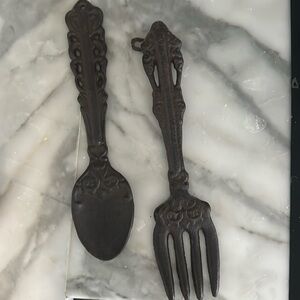 Weighted Cast Iron Fork and Spoon Rustic Metal Decor Primitive Set of 2